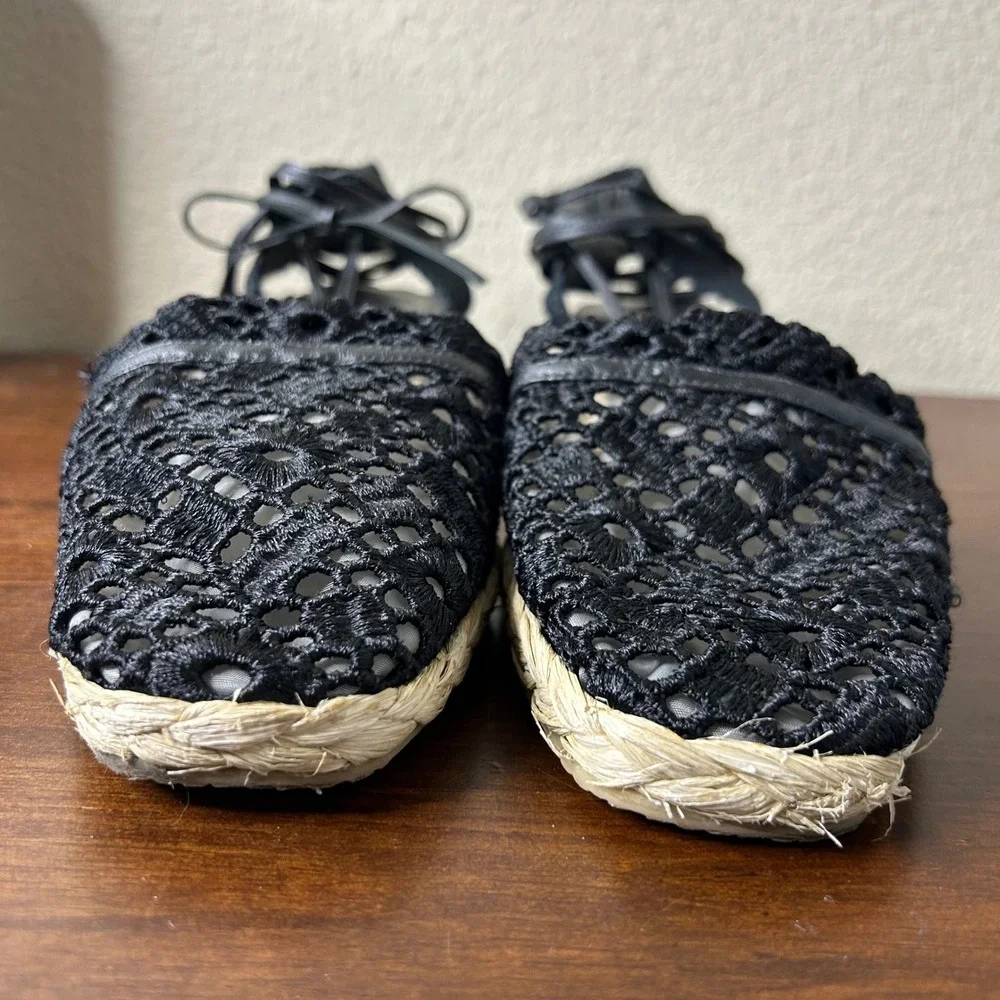 Stuart Weitzman Espadrille 8‎ Black Crochet Lace Wedge Ankle Lace Up Sandals
